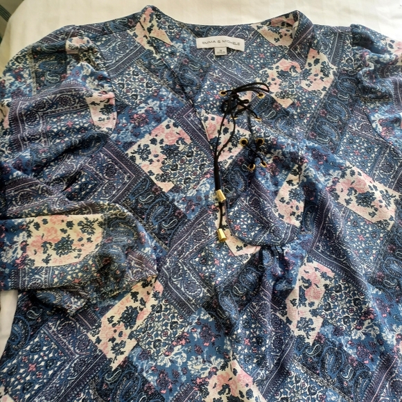 Emma & Michele 1X Tunic Style Dress Blue/Cream/Pink Pattern Lace Up Bust - Picture 12 of 12